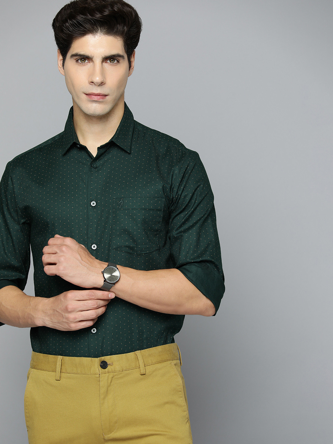

Indian Terrain Pure Cotton Slim Fit Micro Print Semiformal Shirt, Green