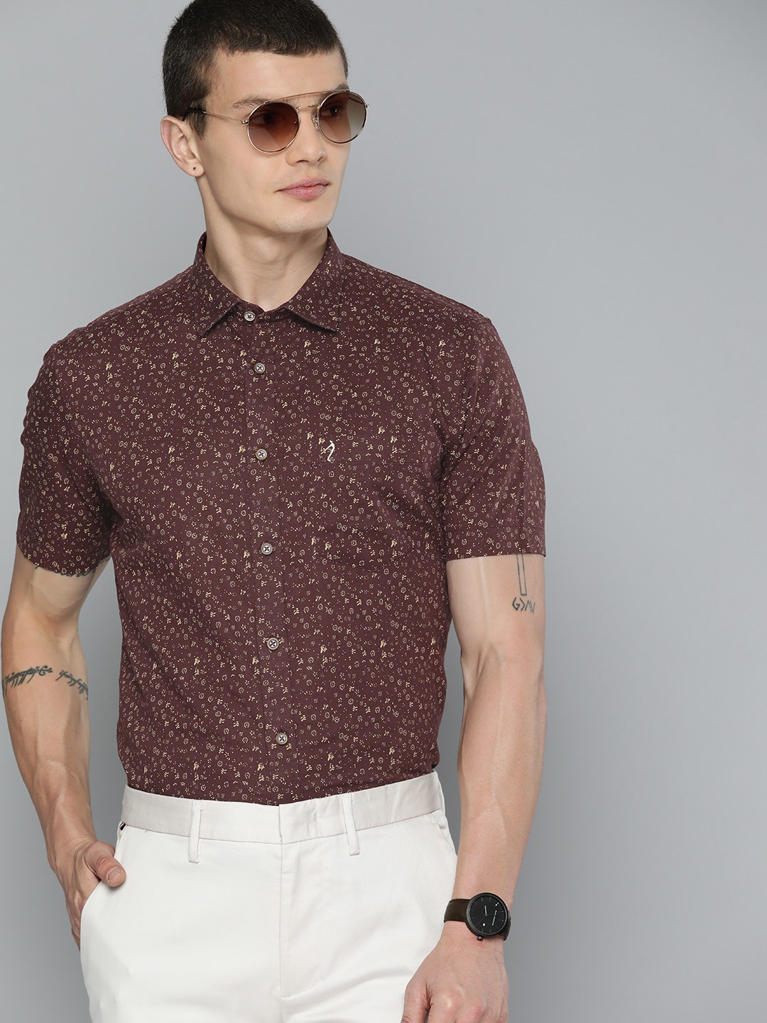 

Indian Terrain Slim Fit Printed Linen Cotton Formal Shirt, Burgundy