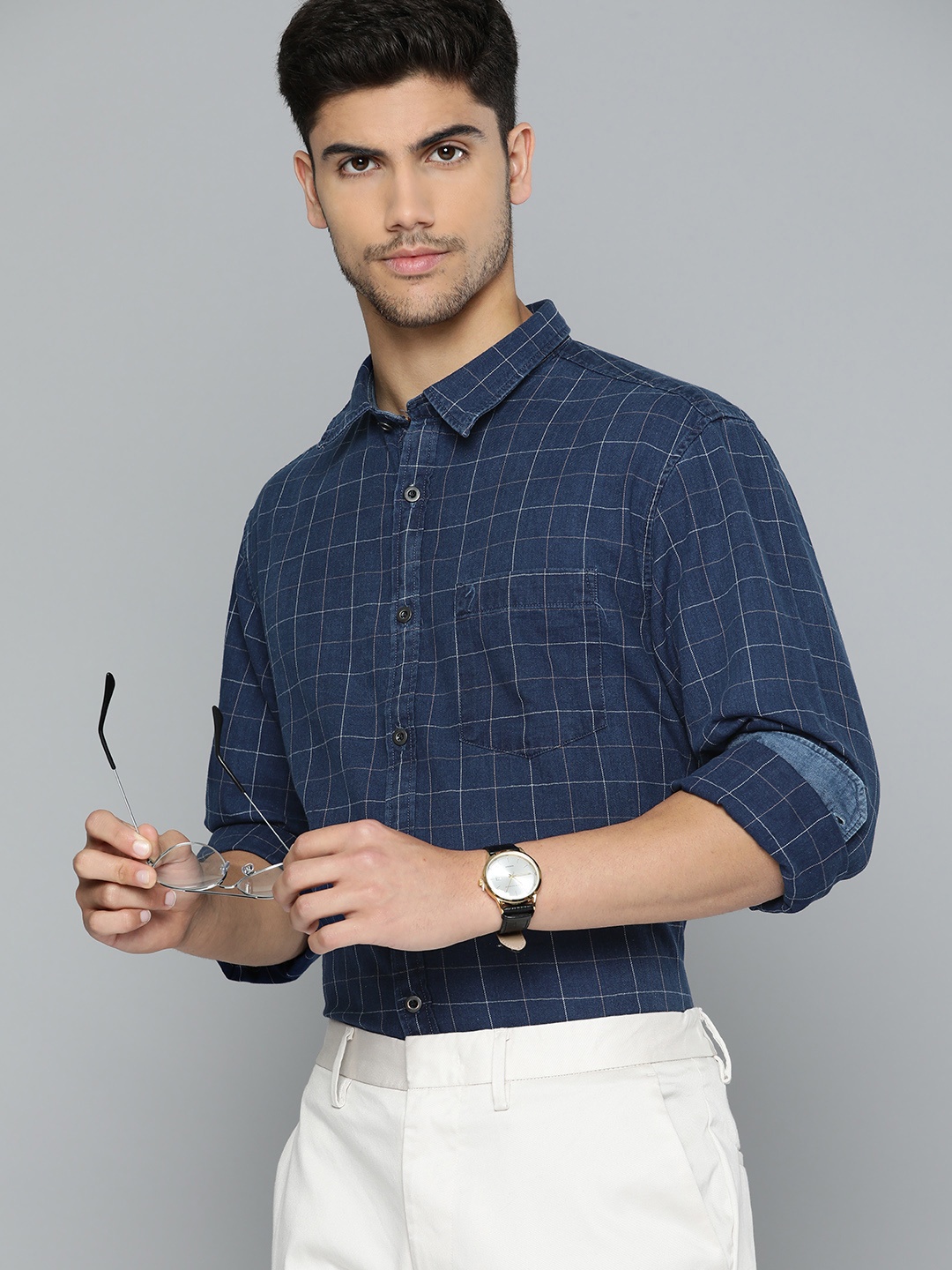 

Indian Terrain Pure Cotton Chiseled Slim Fit Tartan Checked Casual Shirt, Navy blue