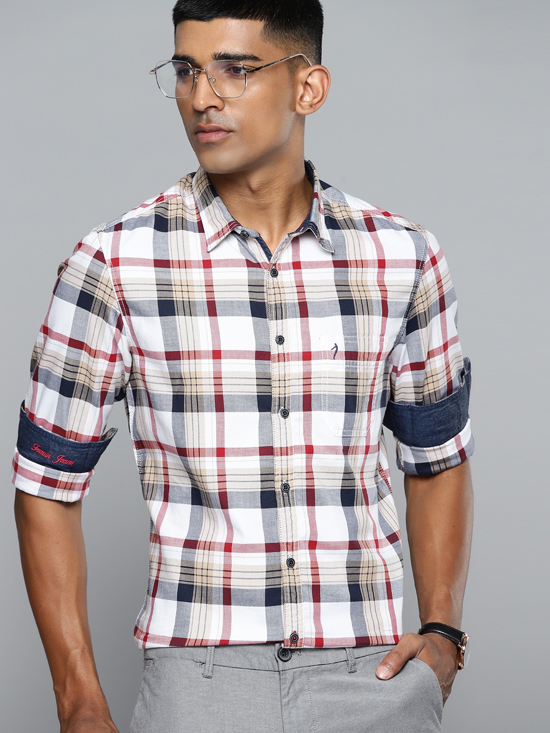 

Indian Terrain Pure Cotton Slim Fit Checked Semiformal Shirt, White