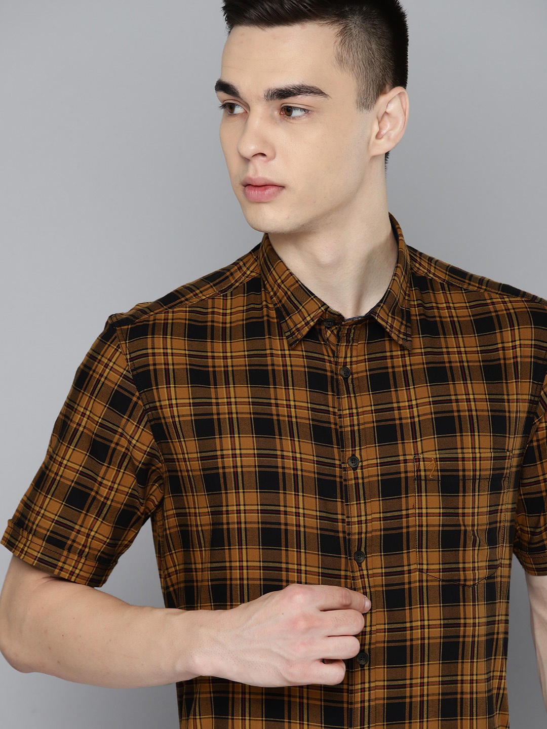 

Indian Terrain Pure Cotton Slim Fit Tartan Checked Semiformal Shirt, Brown