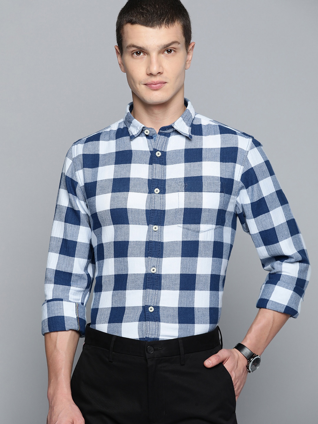 

Indian Terrain Slim Fit Tartan Checks Opaque Casual Shirt, Navy blue
