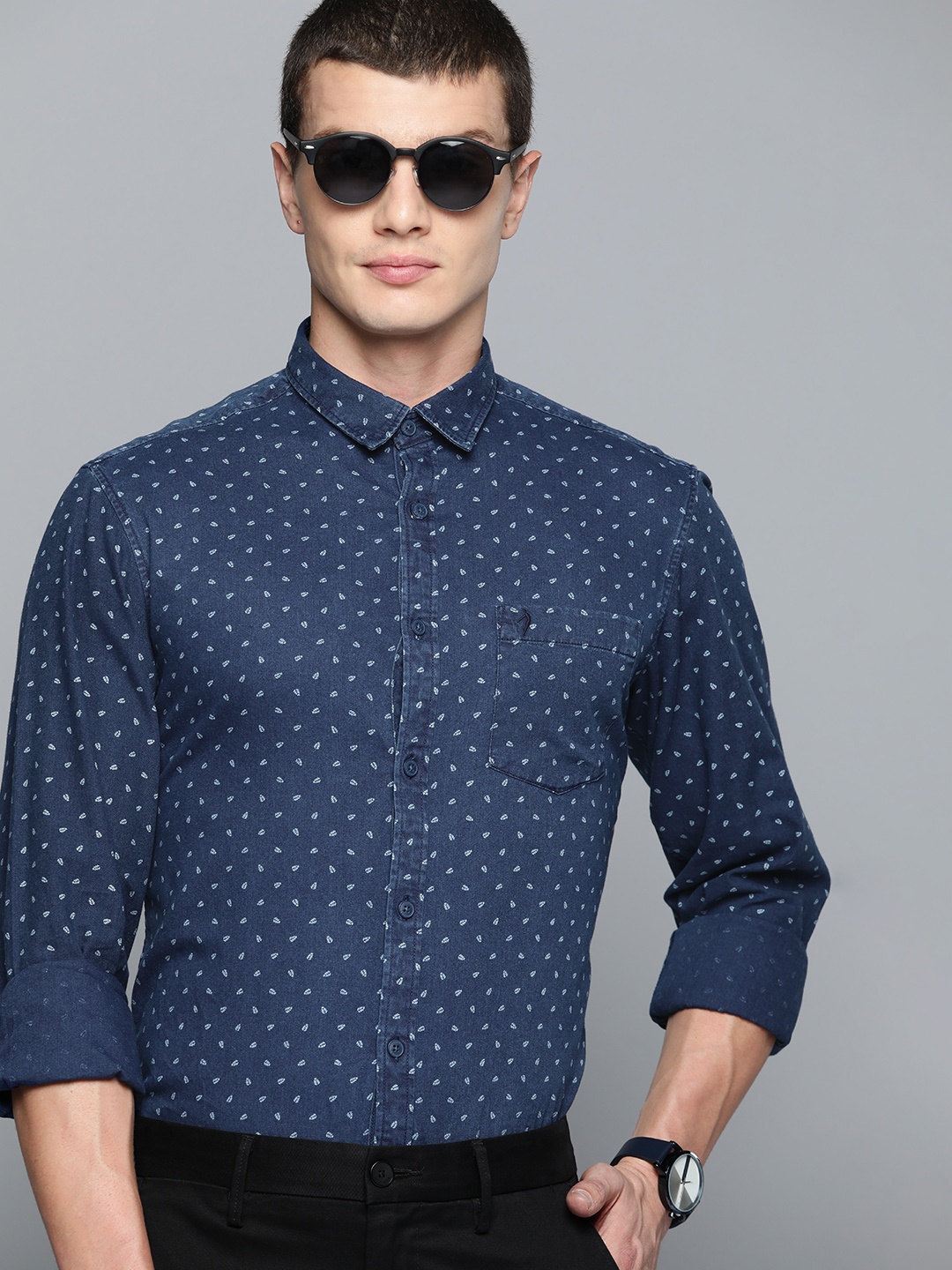 

Indian Terrain Pure Cotton Slim Fit Micro-Print Smart Casual Shirt, Navy blue