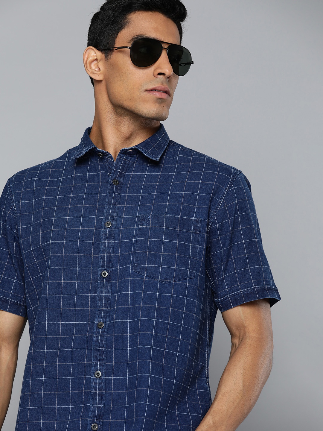 

Indian Terrain Slim Fit Grid Checked Semiformal Shirt, Navy blue