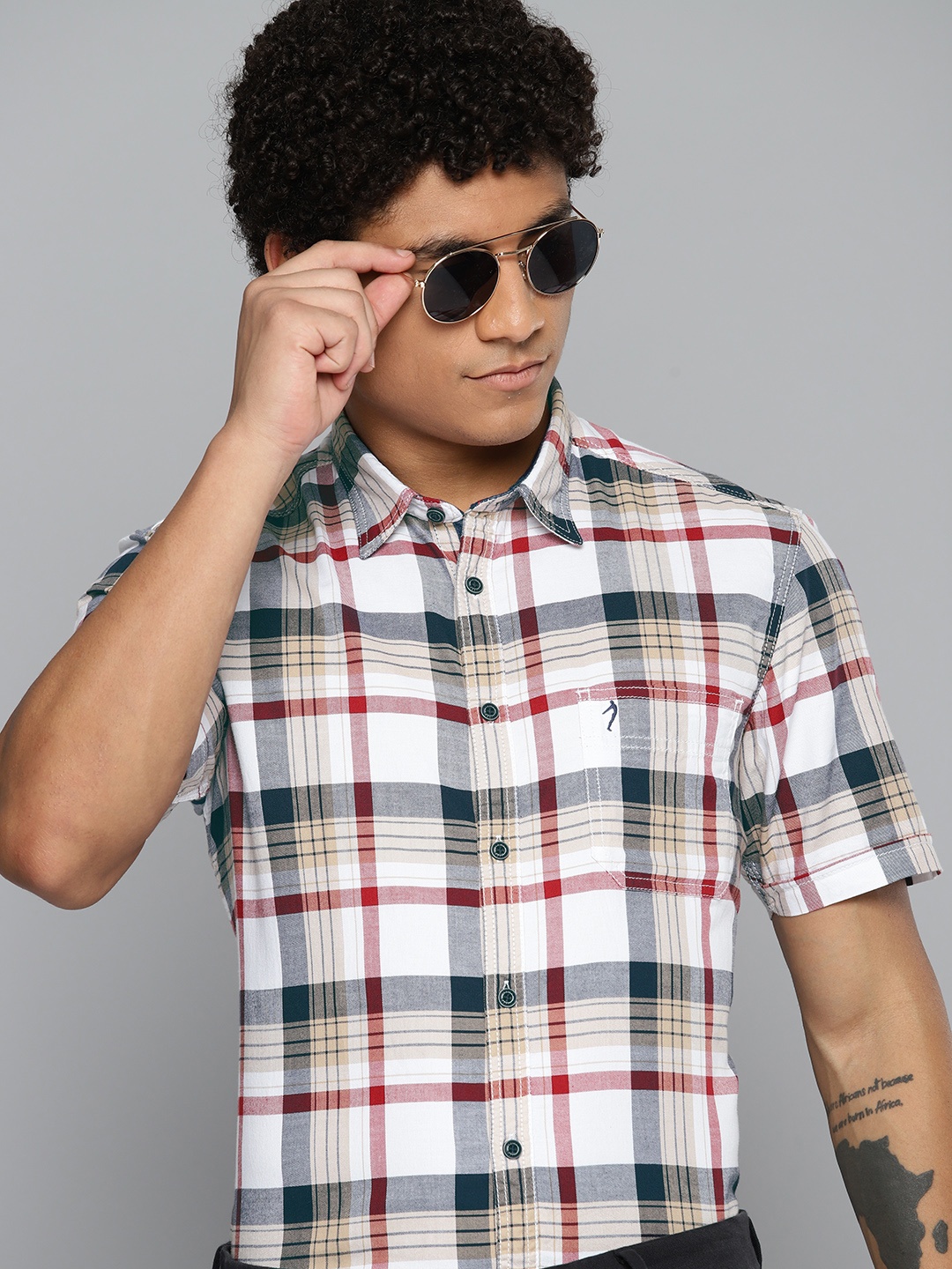 

Indian Terrain Pure Cotton Slim Fit Tartan Checked Semiformal Shirt, White