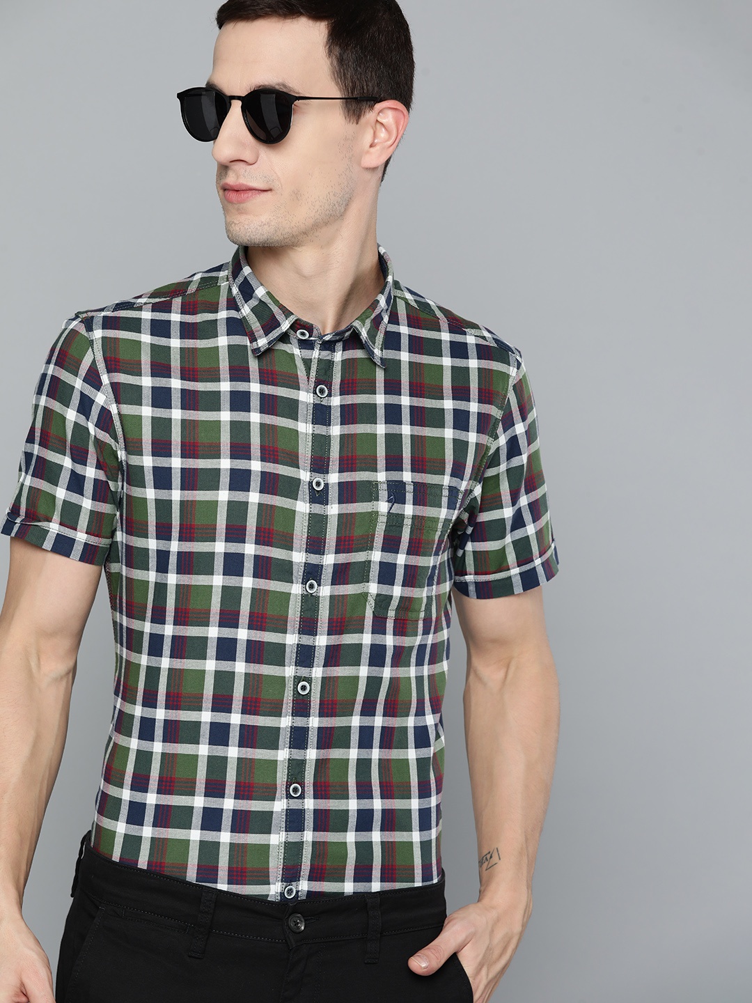 

Indian Terrain Pure Cotton Slim Fit Checked Semiformal Shirt, Green