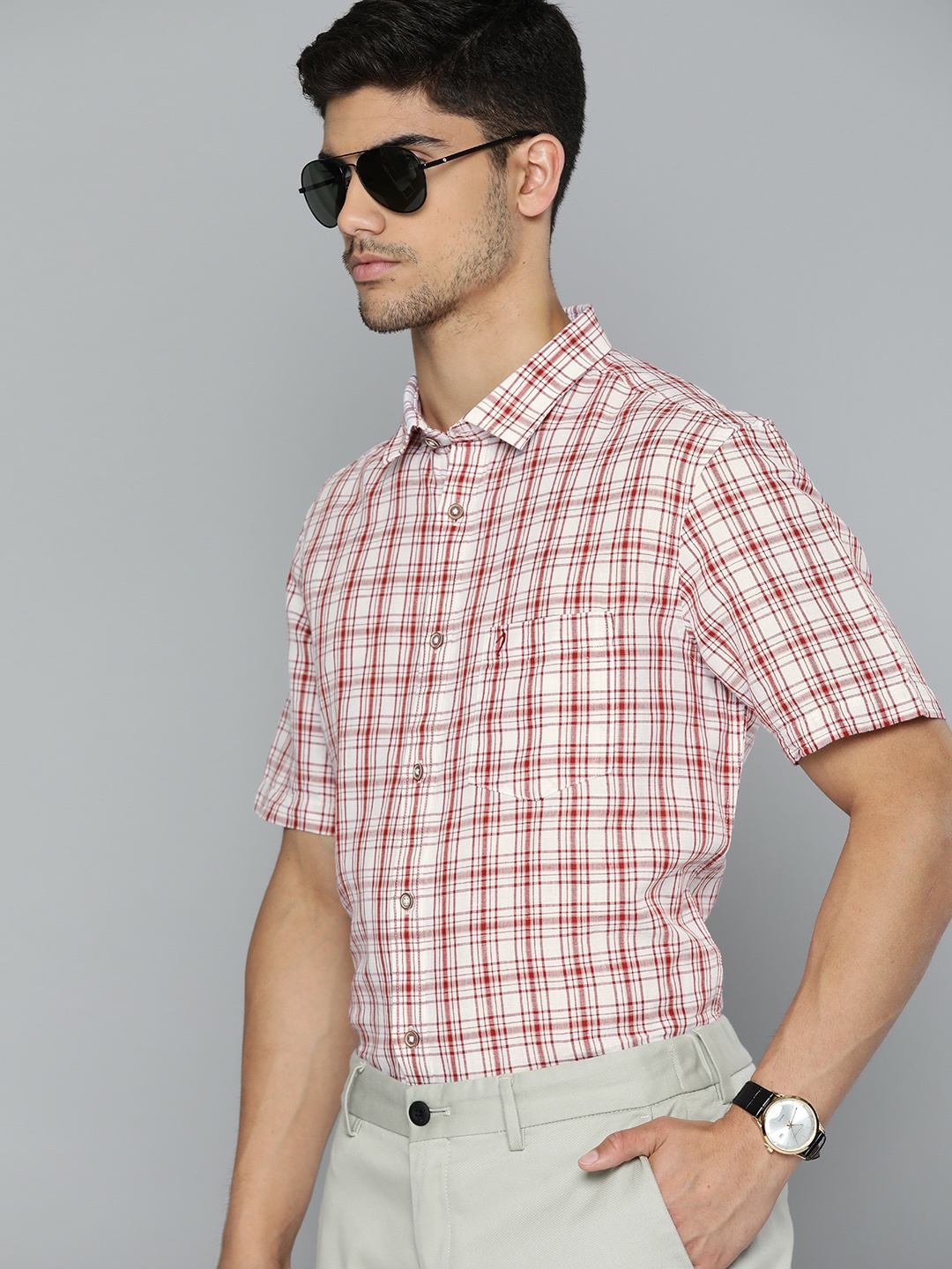 

Indian Terrain Slim Fit Checked Linen Cotton Formal Shirt, White