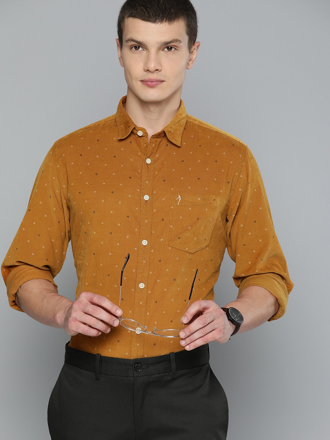 

Indian Terrain Men Chiseled Slim Fit Opaque Printed Semiformal Shirt, Mustard