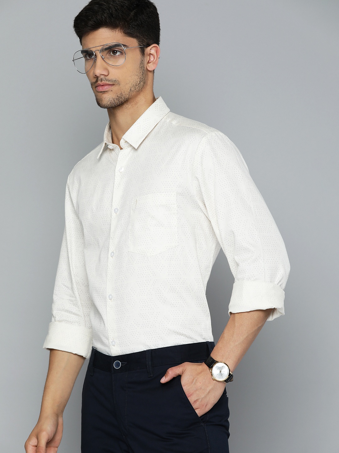 

Indian Terrain Cotton Slim Fit Opaque Printed Semiformal Shirt, Off white