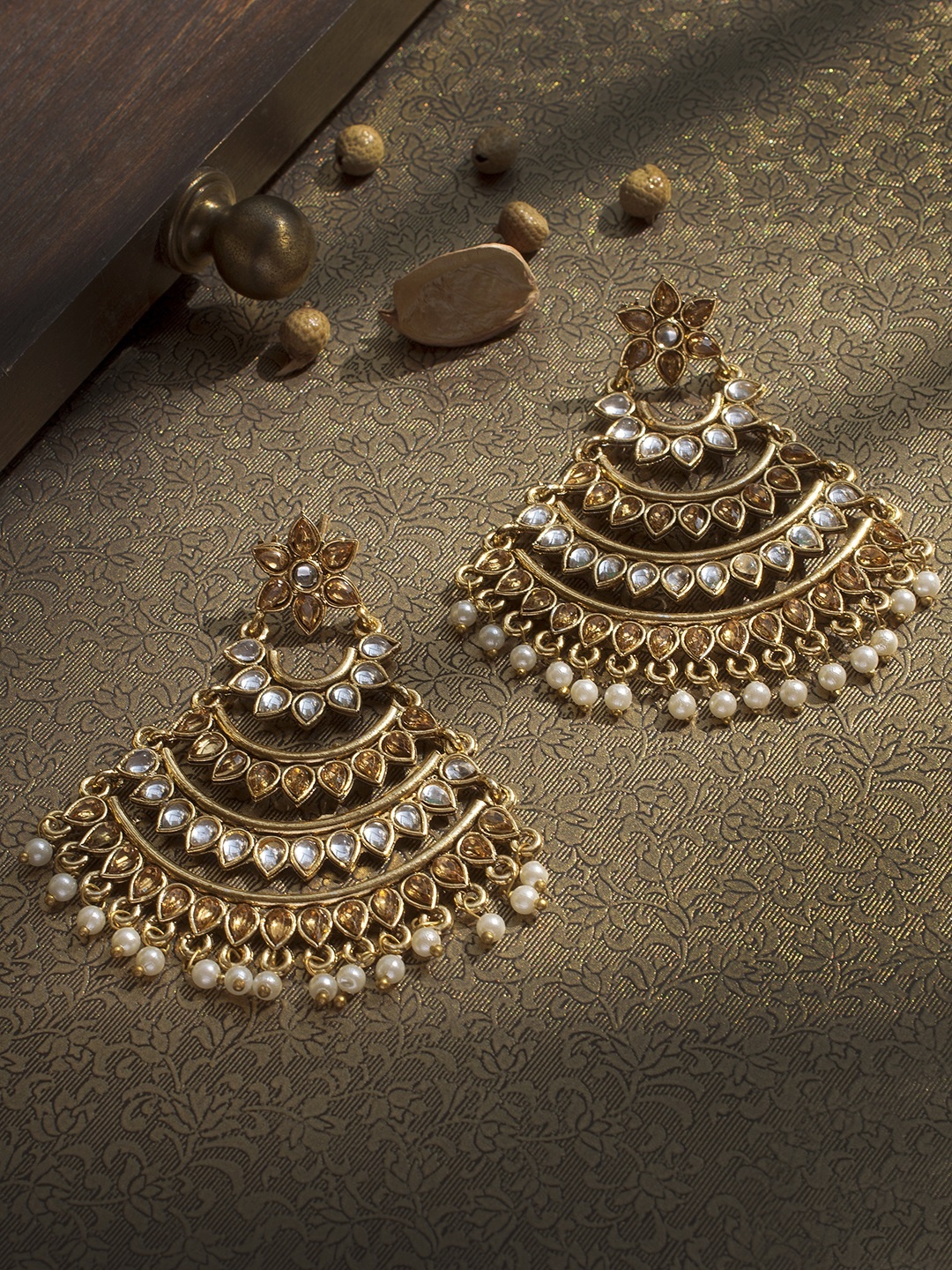 

Rubans Gold-Toned & White Crescent Shaped Drop Earrings