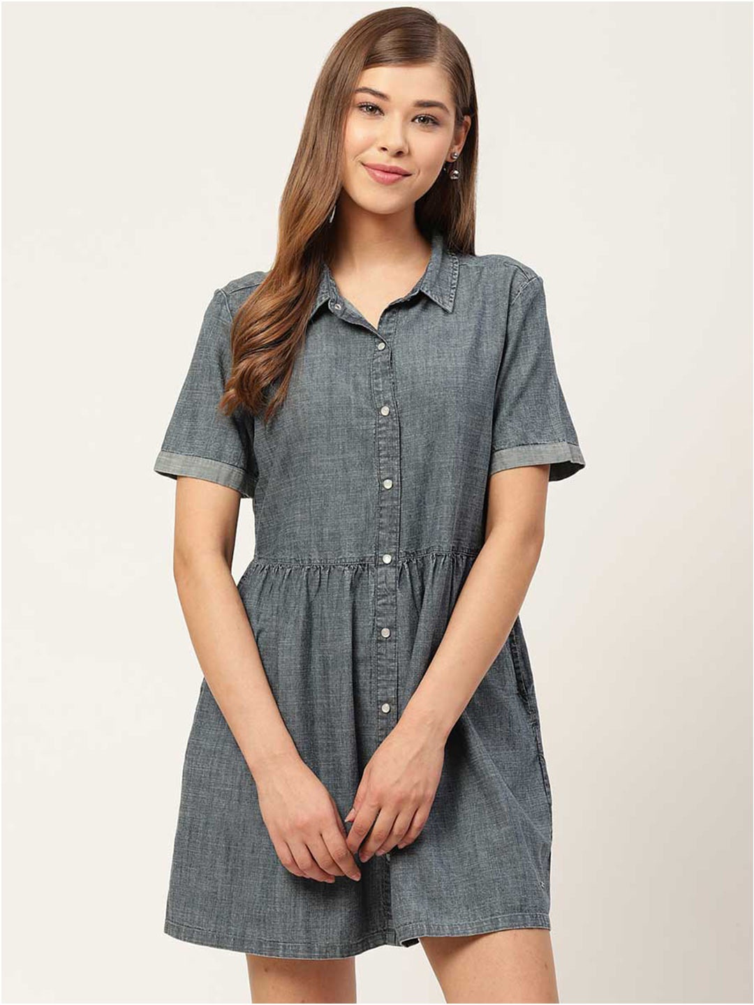 

Xpose Shirt Collar Denim Shirt Dress, Blue