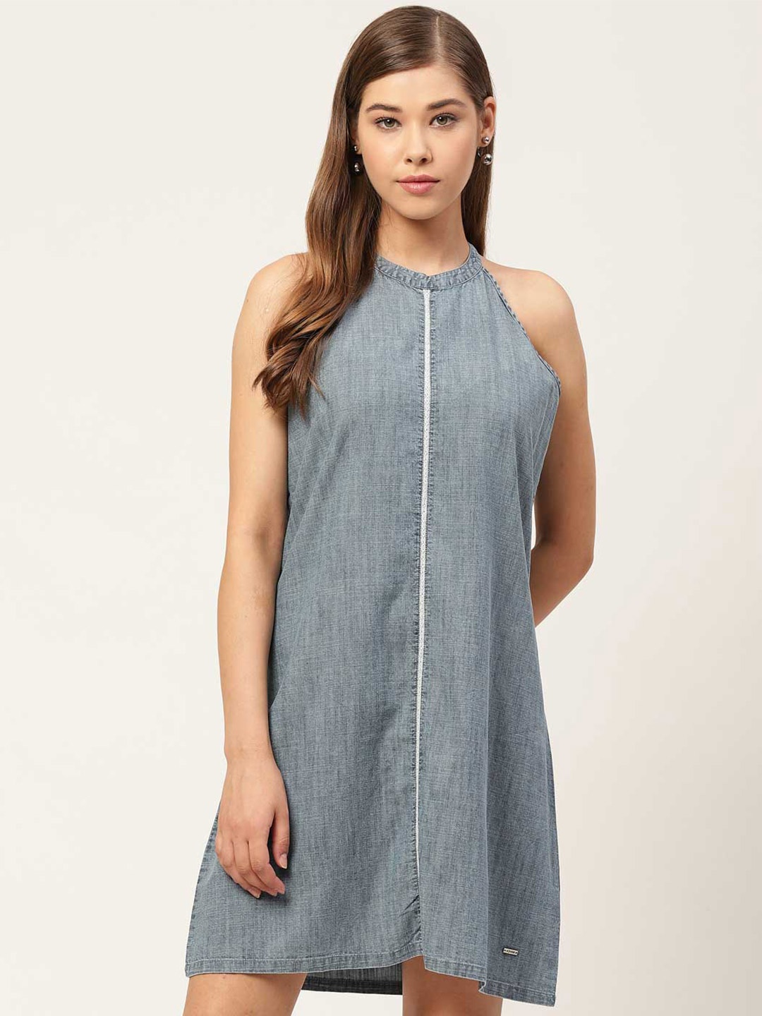 

Xpose Halter Neck Denim A-Line Dress, Blue