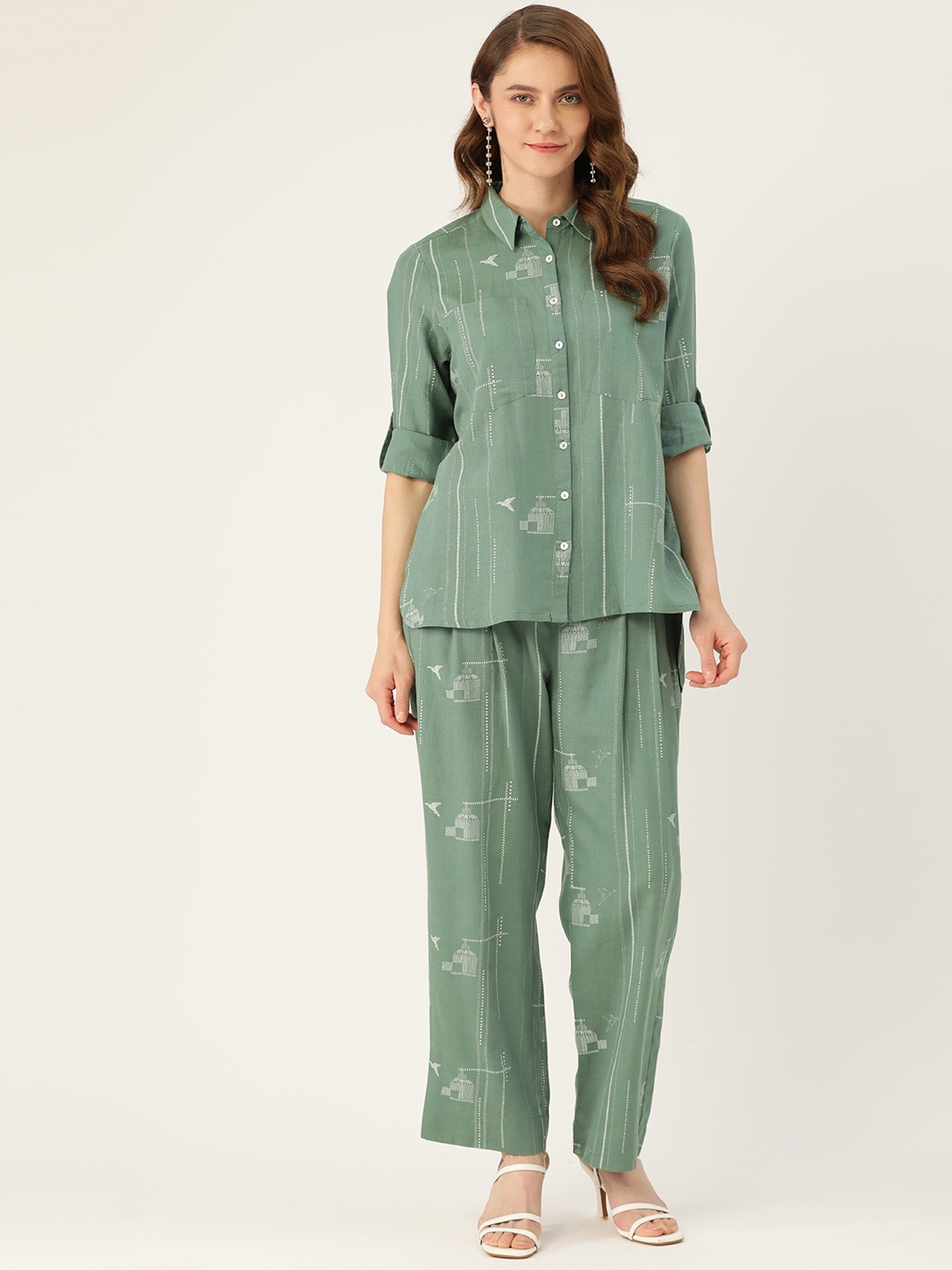 

MISRI Printed Pure Cotton Shirt With Palazzos, Green