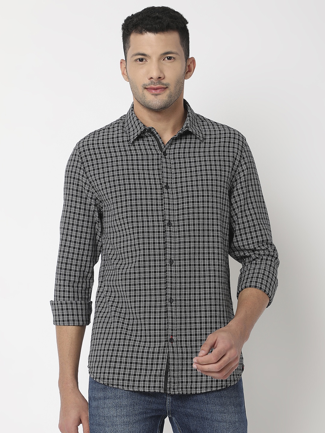 

SPYKAR Pure Cotton Slim Fit Checked Casual Shirt, Black