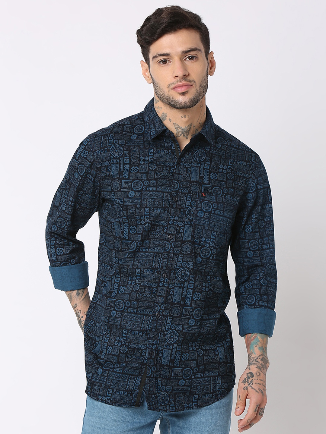 

SPYKAR Men Pure Cotton Ethnic Motifs Printed Slim Fit Casual Shirt, Navy blue