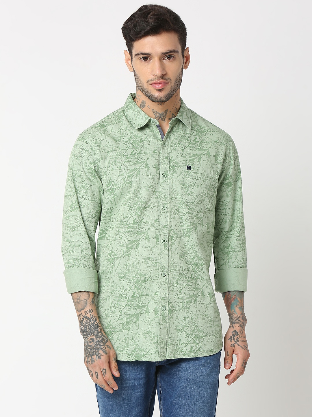 

SPYKAR Pure Cotton Slim Fit Printed Casual Shirt, Green