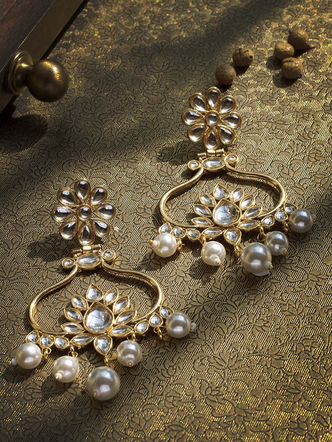 

Rubans Gold-Toned & White Kundan & Pearl Studded Floral Drop Earrings