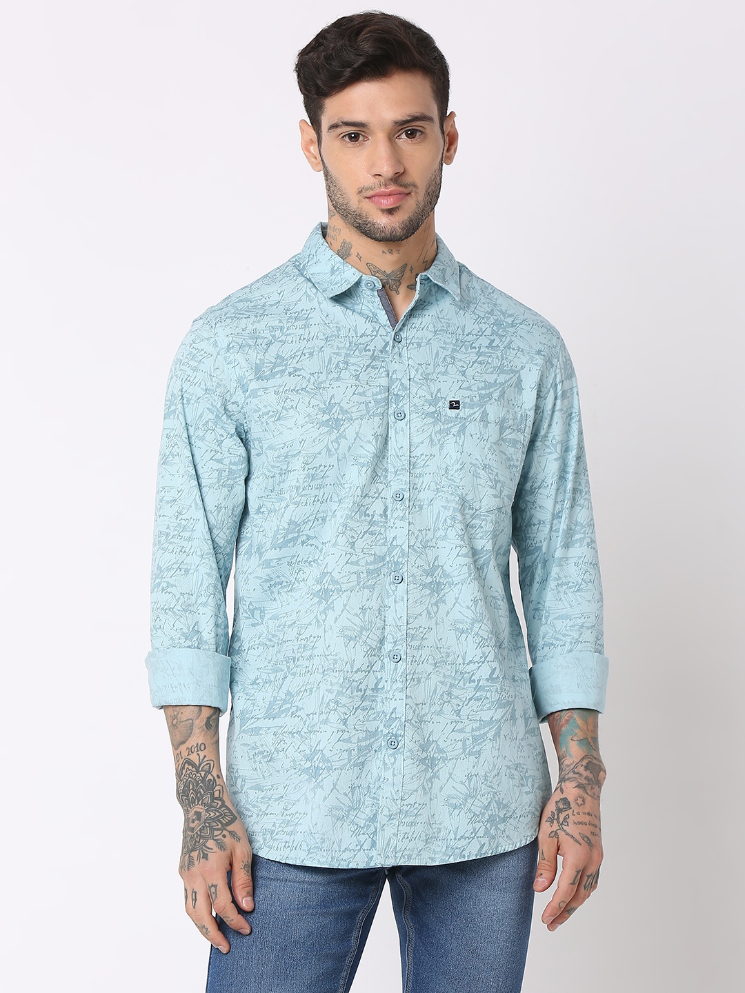 

SPYKAR Pure Cotton Slim Fit Printed Casual Shirt, Blue