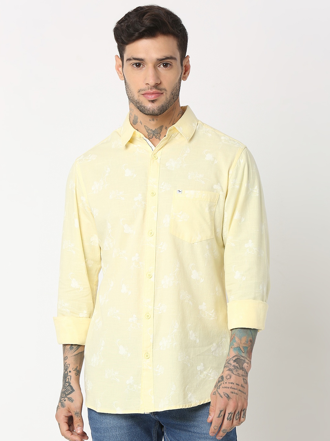 

SPYKAR Men Pure Cotton Slim Fit Floral Opaque Printed Casual Shirt, Yellow