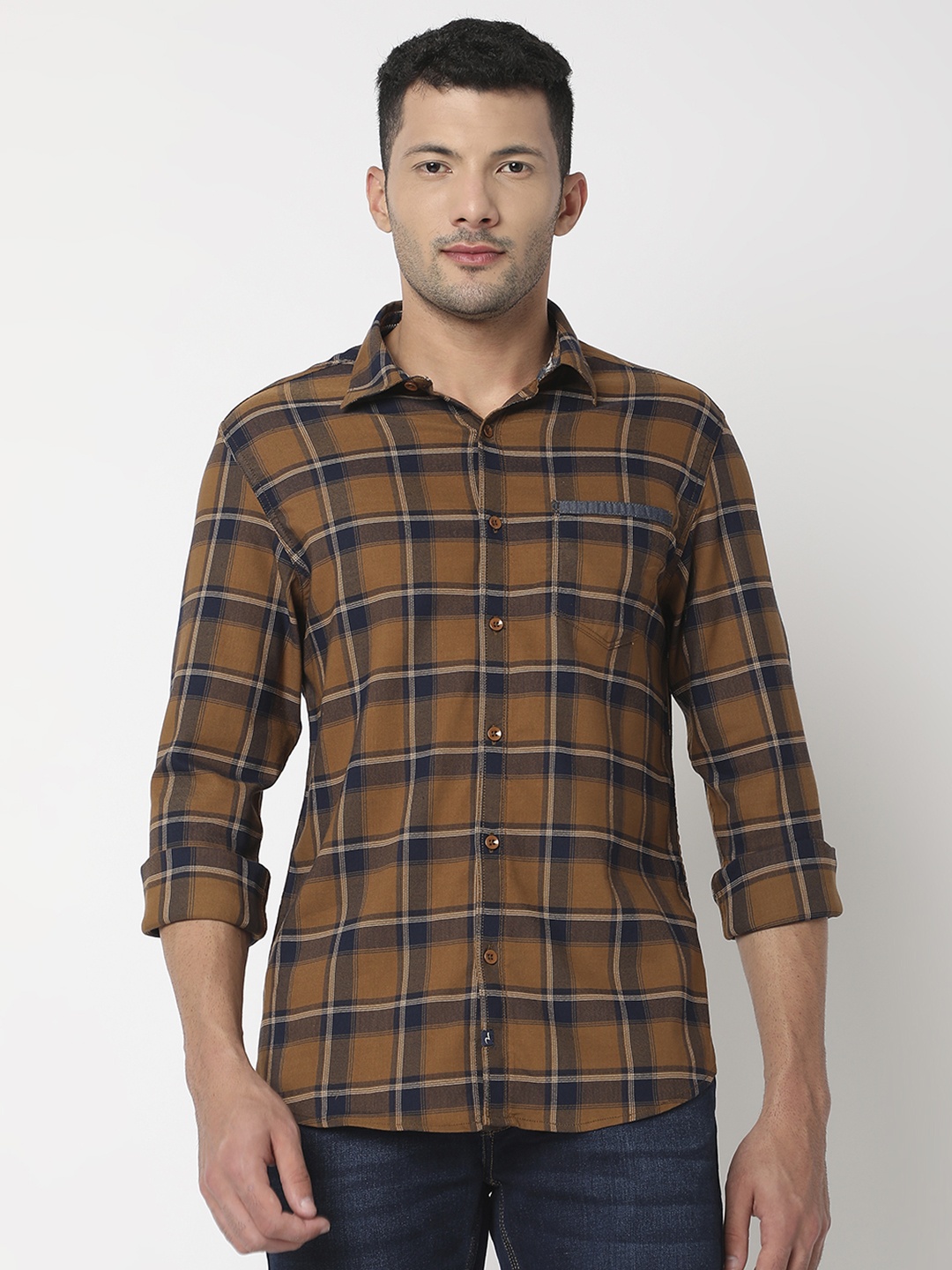 

SPYKAR Checked Pure Cotton Casual Shirt, Khaki