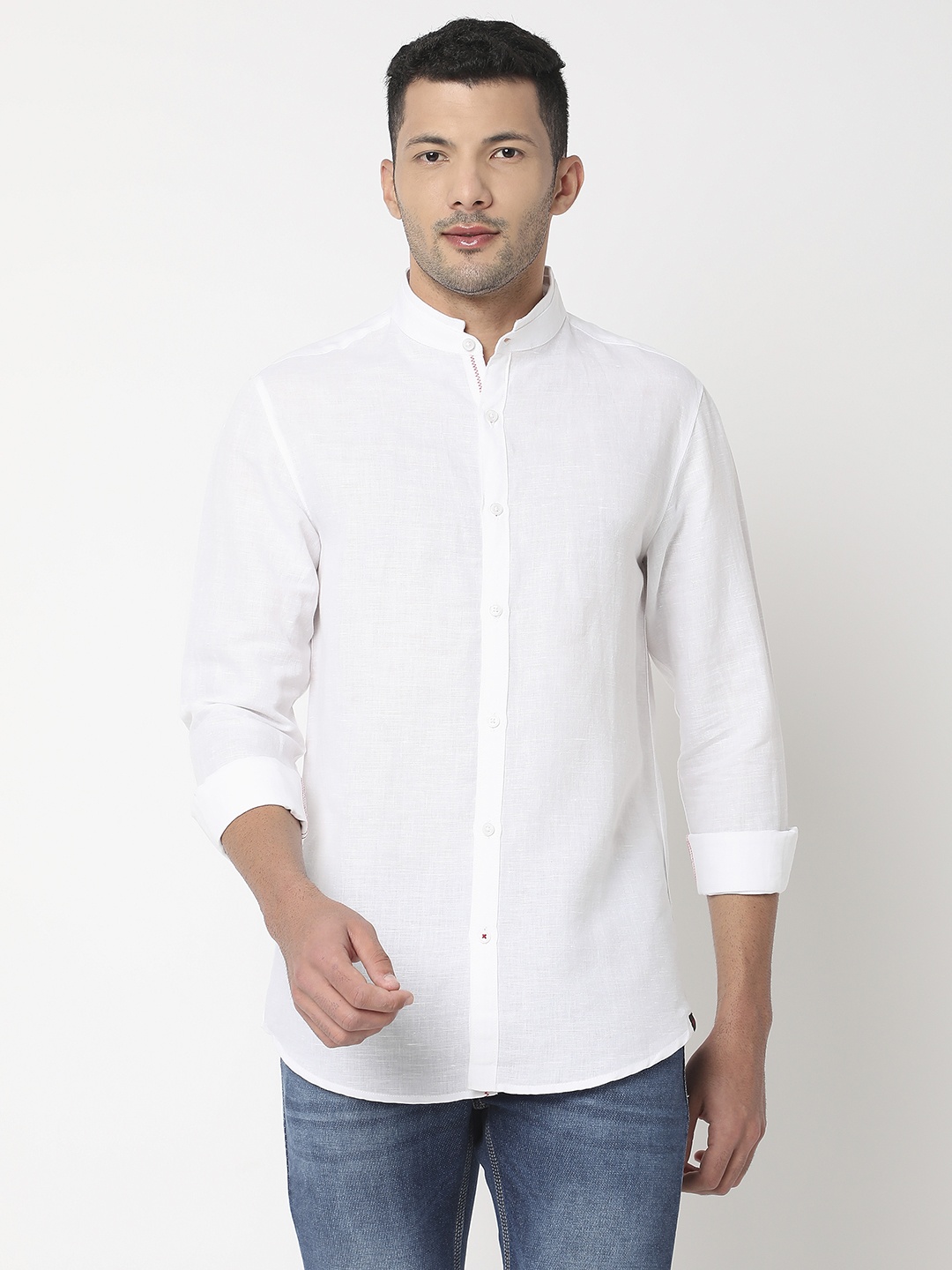 

SPYKAR Band Collar Slim-Fit Linen-Cotton Casual Shirt, White