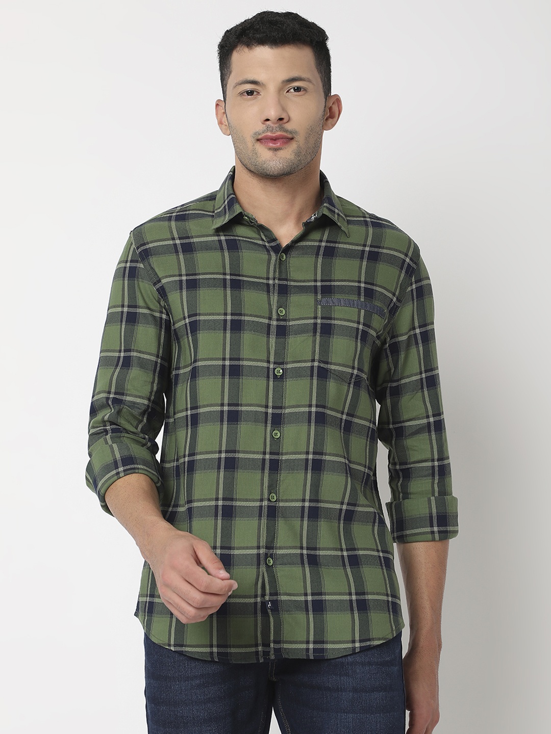 

SPYKAR Men Pure Cotton Slim Fit Tartan Checks Opaque Casual Shirt, Olive