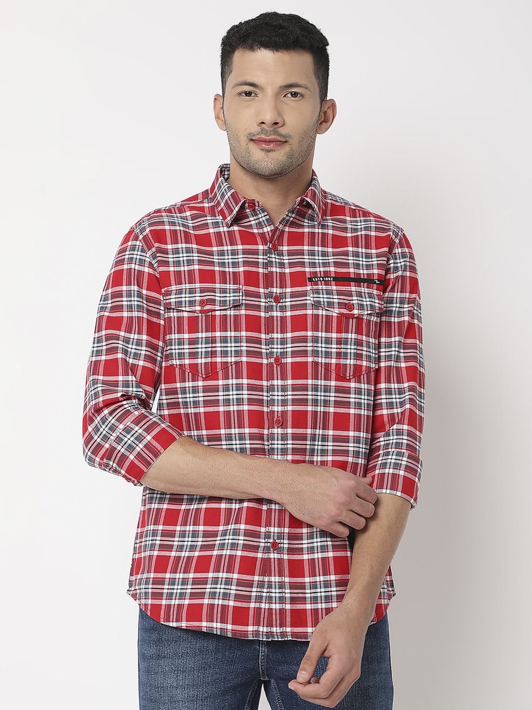 

SPYKAR Men Pure Cotton Slim Fit Tartan Checks Opaque Casual Shirt, Red