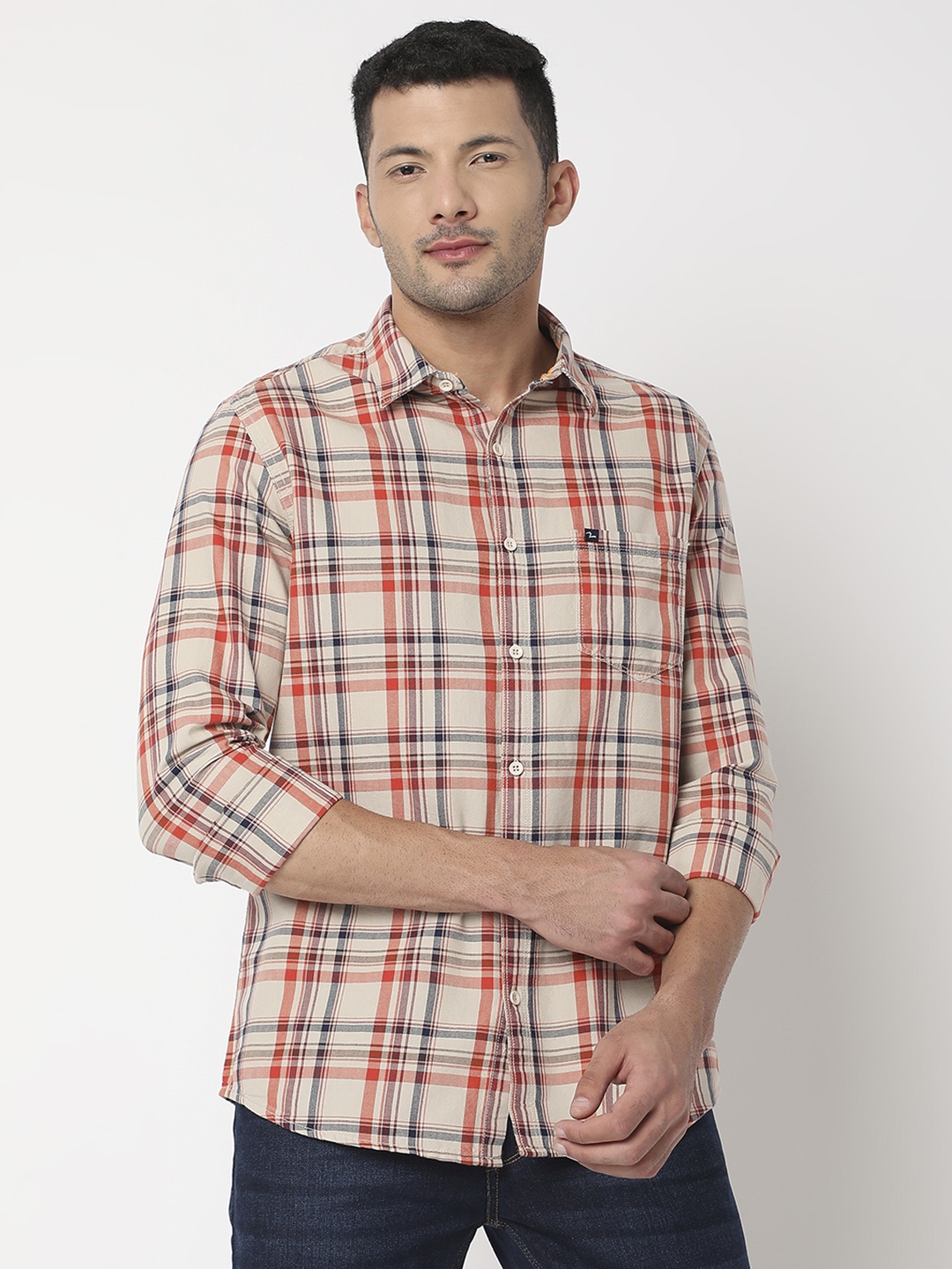 

SPYKAR Tartan Checked Pure Cotton Casual Shirt, Beige