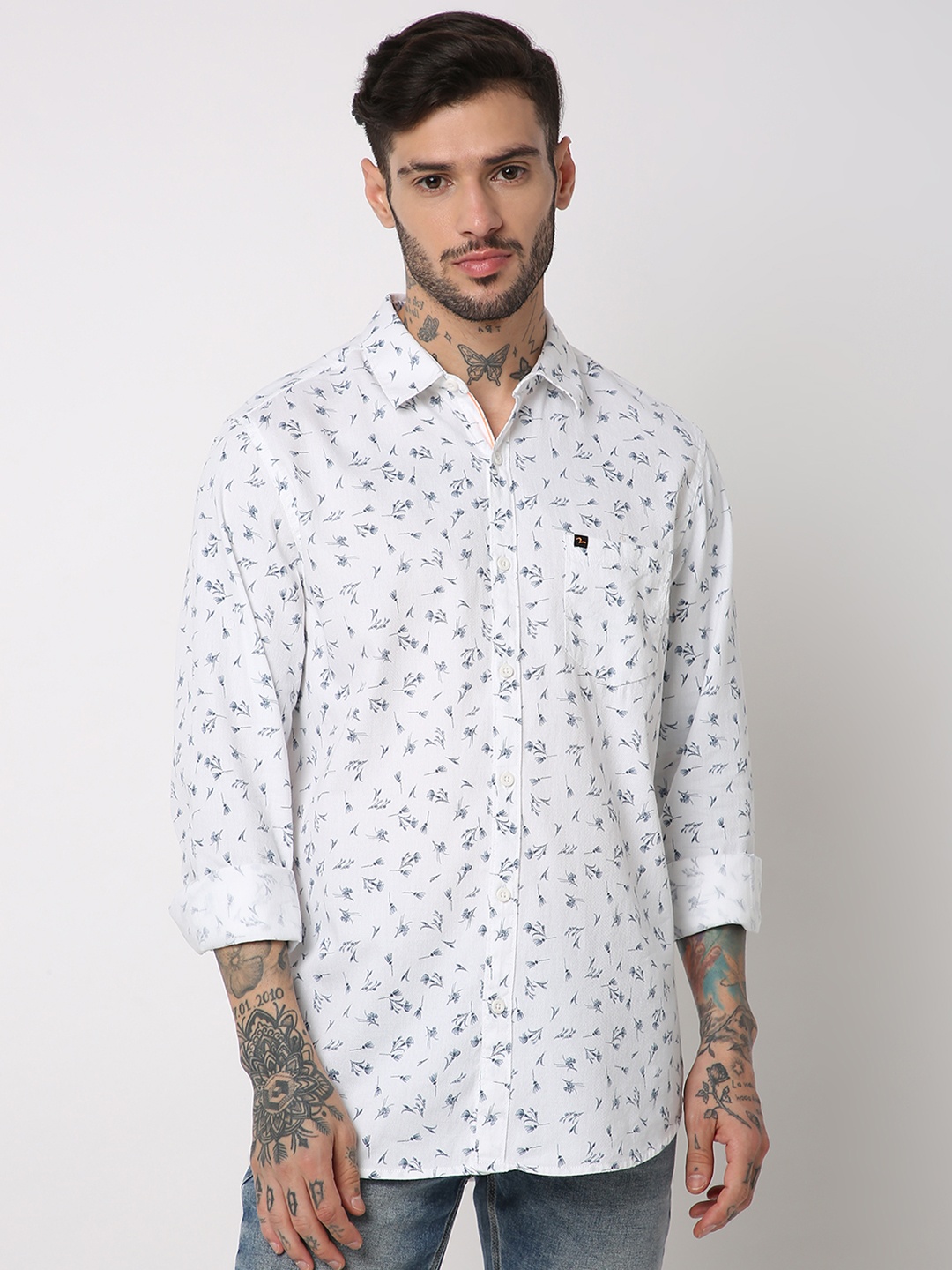 

SPYKAR Pure Cotton Slim Fit Floral Printed Casual Shirt, White