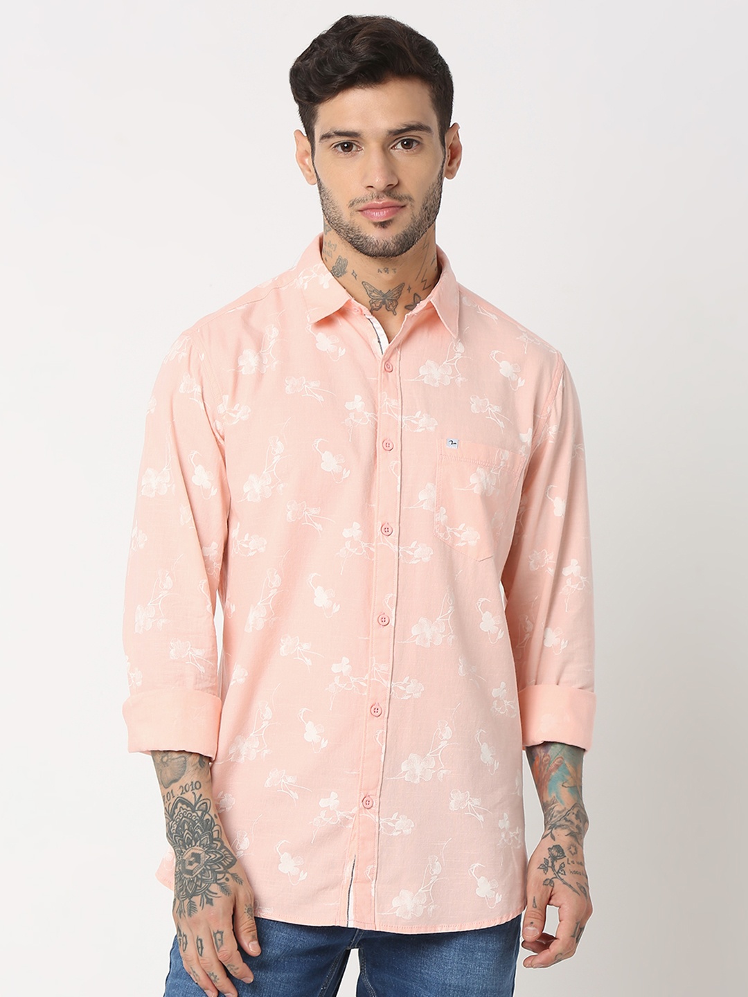 

SPYKAR Pure Cotton Slim Fit Floral Printed Casual Shirt, Peach