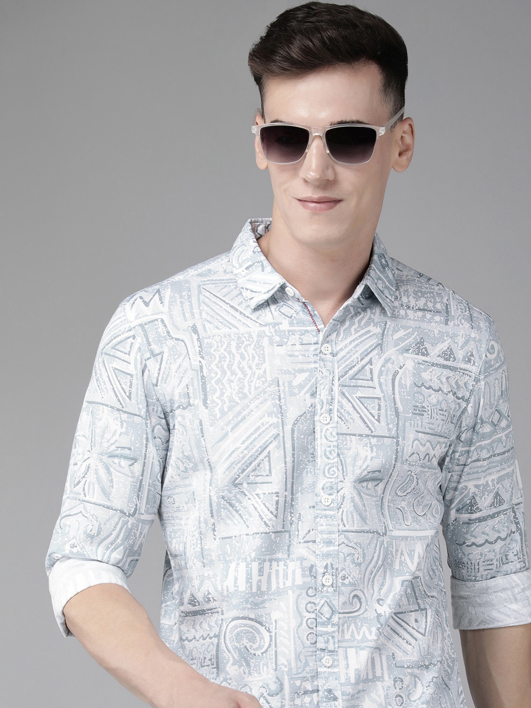 

SPYKAR Men Pure Cotton Slim Fit Ethnic Printed Casual Shirt, Grey