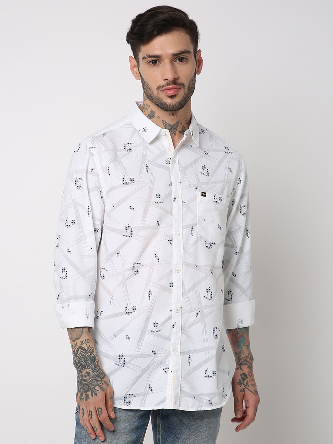 

SPYKAR Pure Cotton Slim Fit Floral Printed Casual Shirt, White