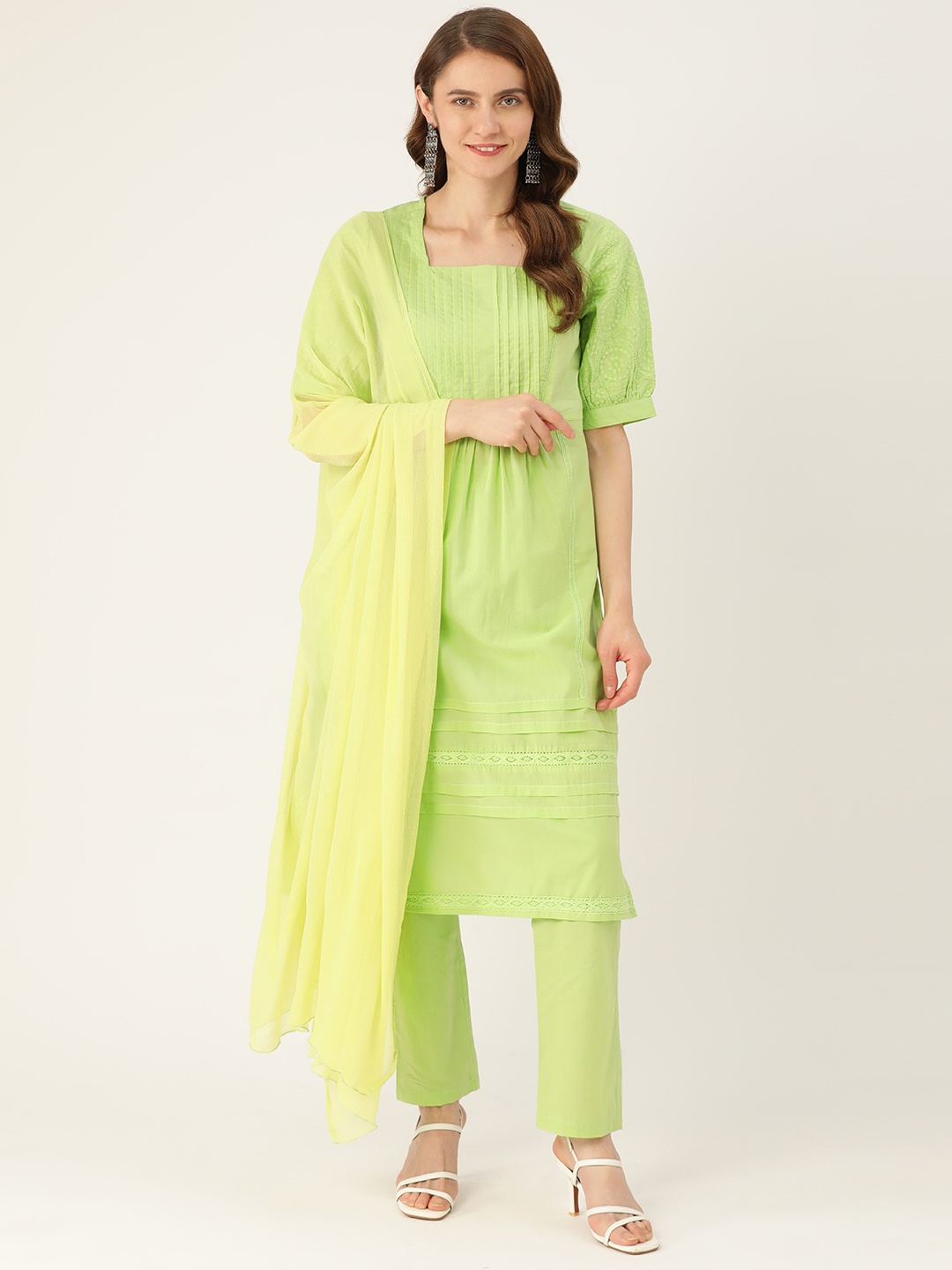 

MISRI Pleated Pure Cotton Kurta With Trousers & With Dupatta, Green