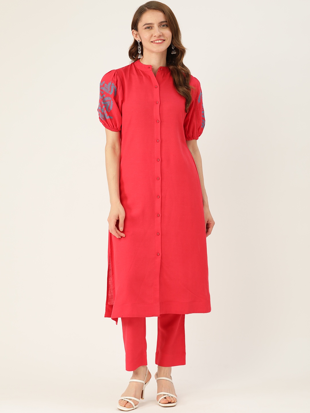 

MISRI Floral Printed Regular Kurta with Trousers, Red