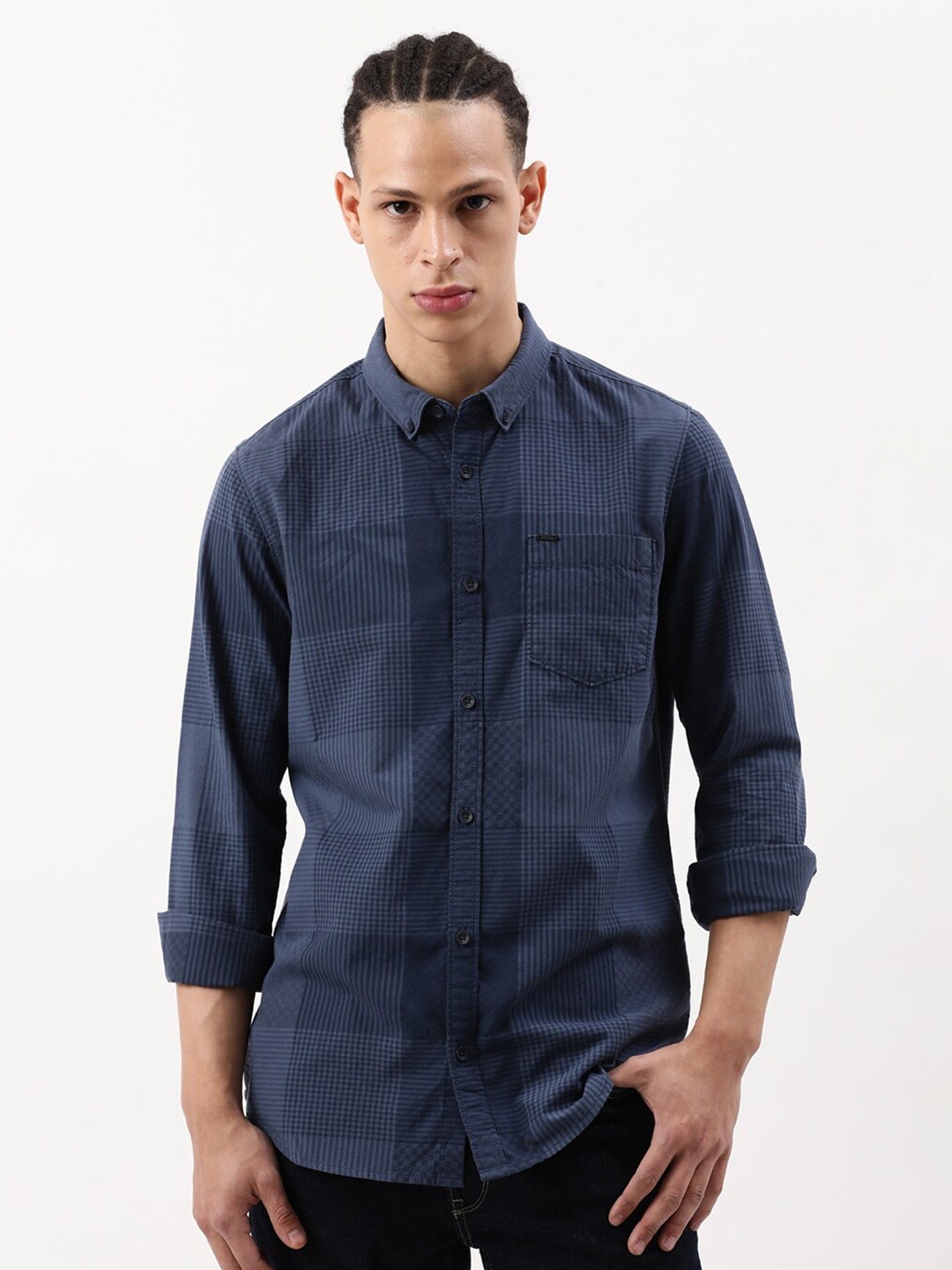 

Lee Slim Fit Gingham Checks Checked Cotton Casual Shirt, Blue
