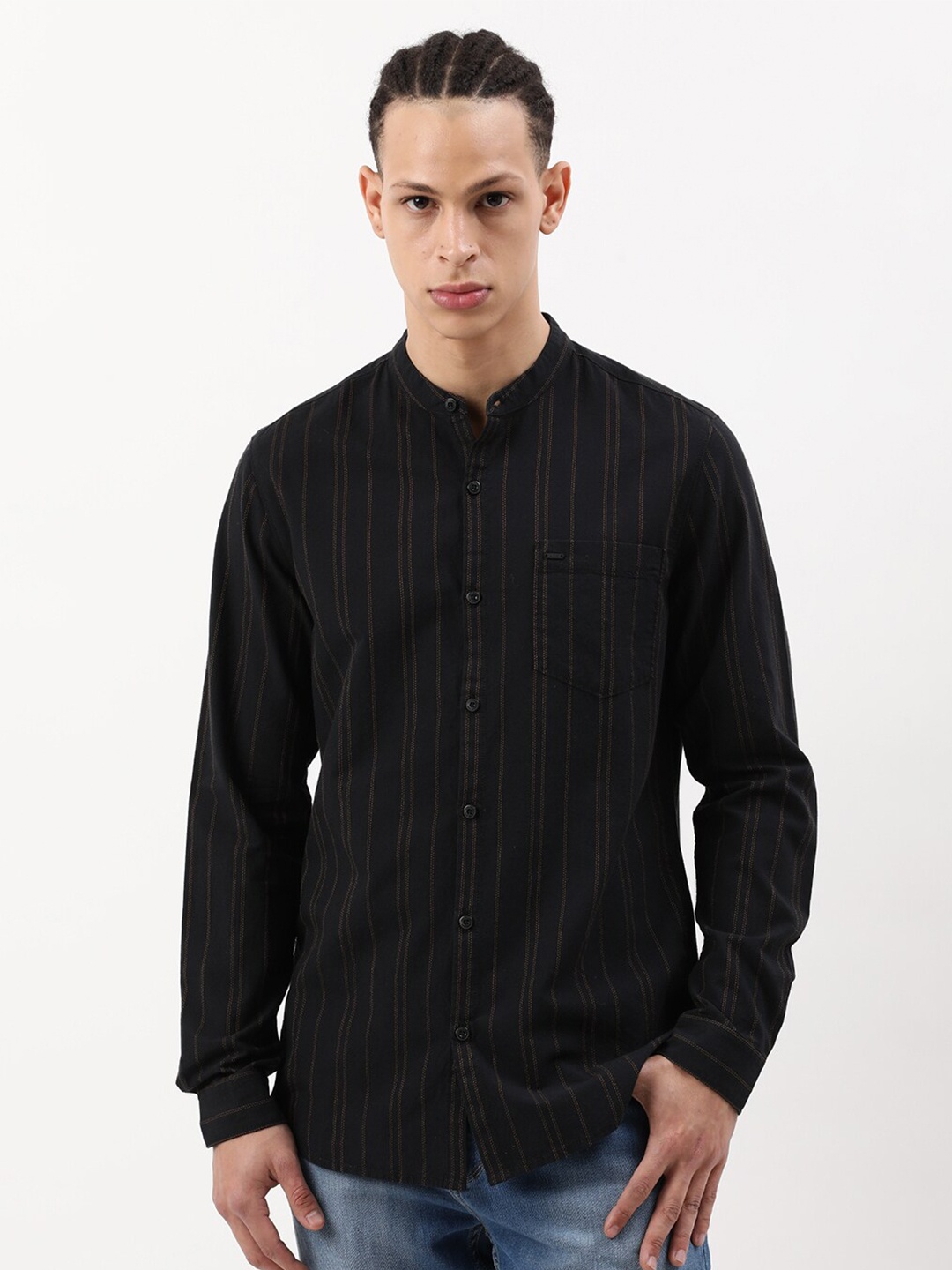 

Lee Slim Fit Striped Mandarin Collar Cotton Casual Shirt, Black