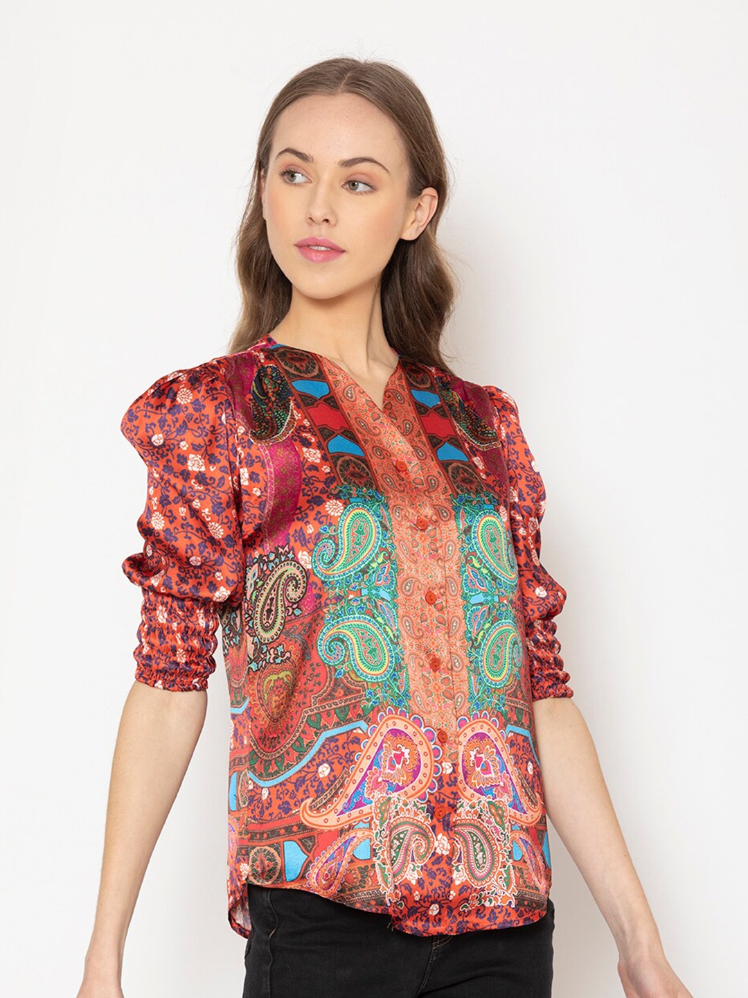 

SHAYE Ethnic Motifs Print V-Neck Satin Shirt Style Top, Red
