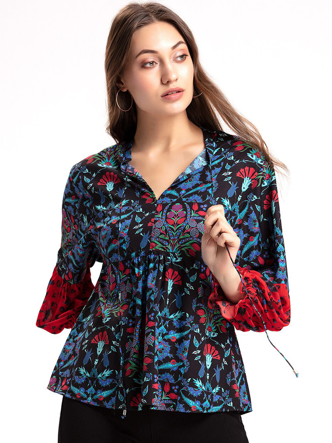 

SHAYE Floral Print Shirt Style Top, Black