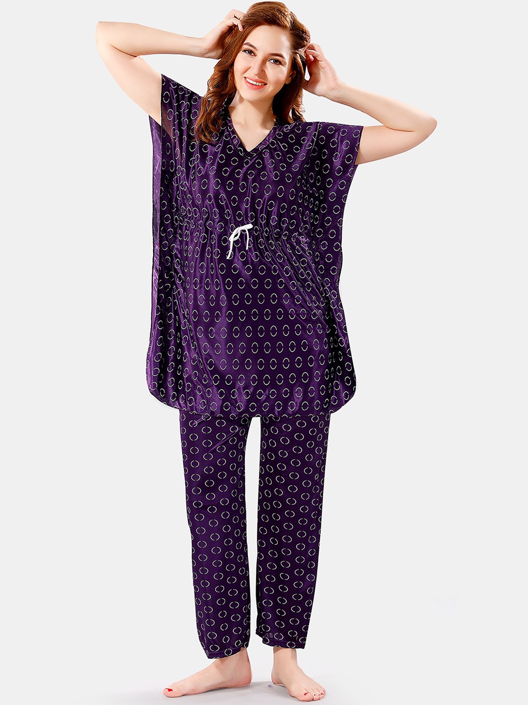 

Be You Geometric Printed Satin Night Suit, Violet