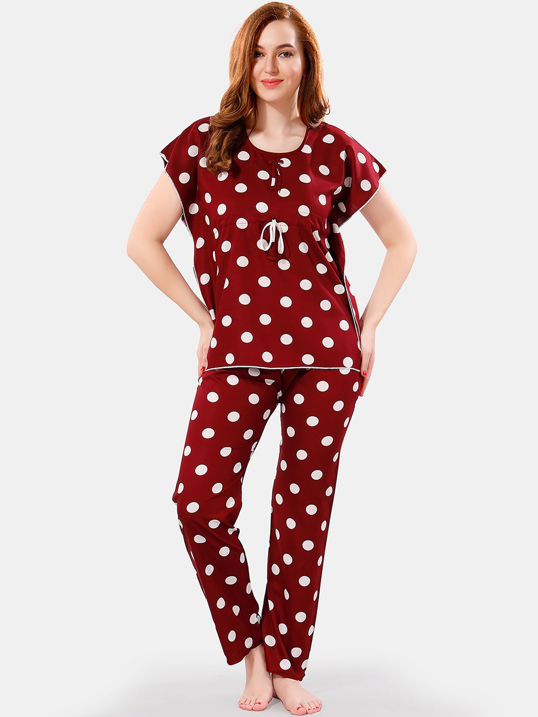 

Be You Polka Dots Printed Night Suit, Maroon