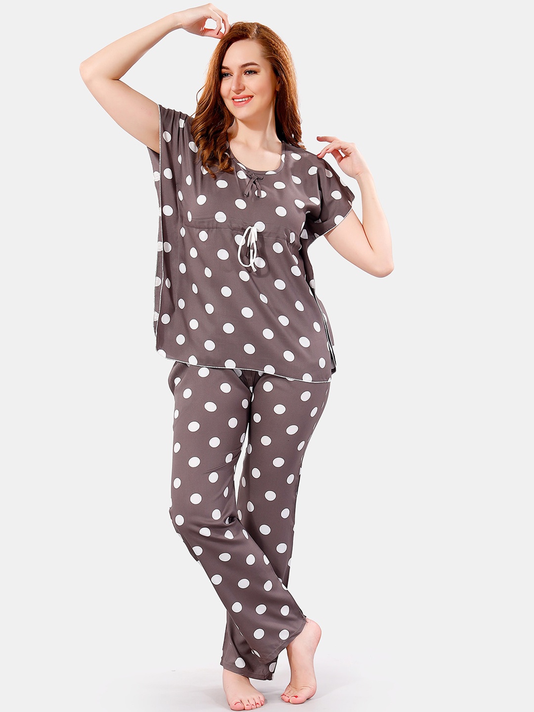 

Be You Polka Dots Printed Kaftan Night Suit, Grey