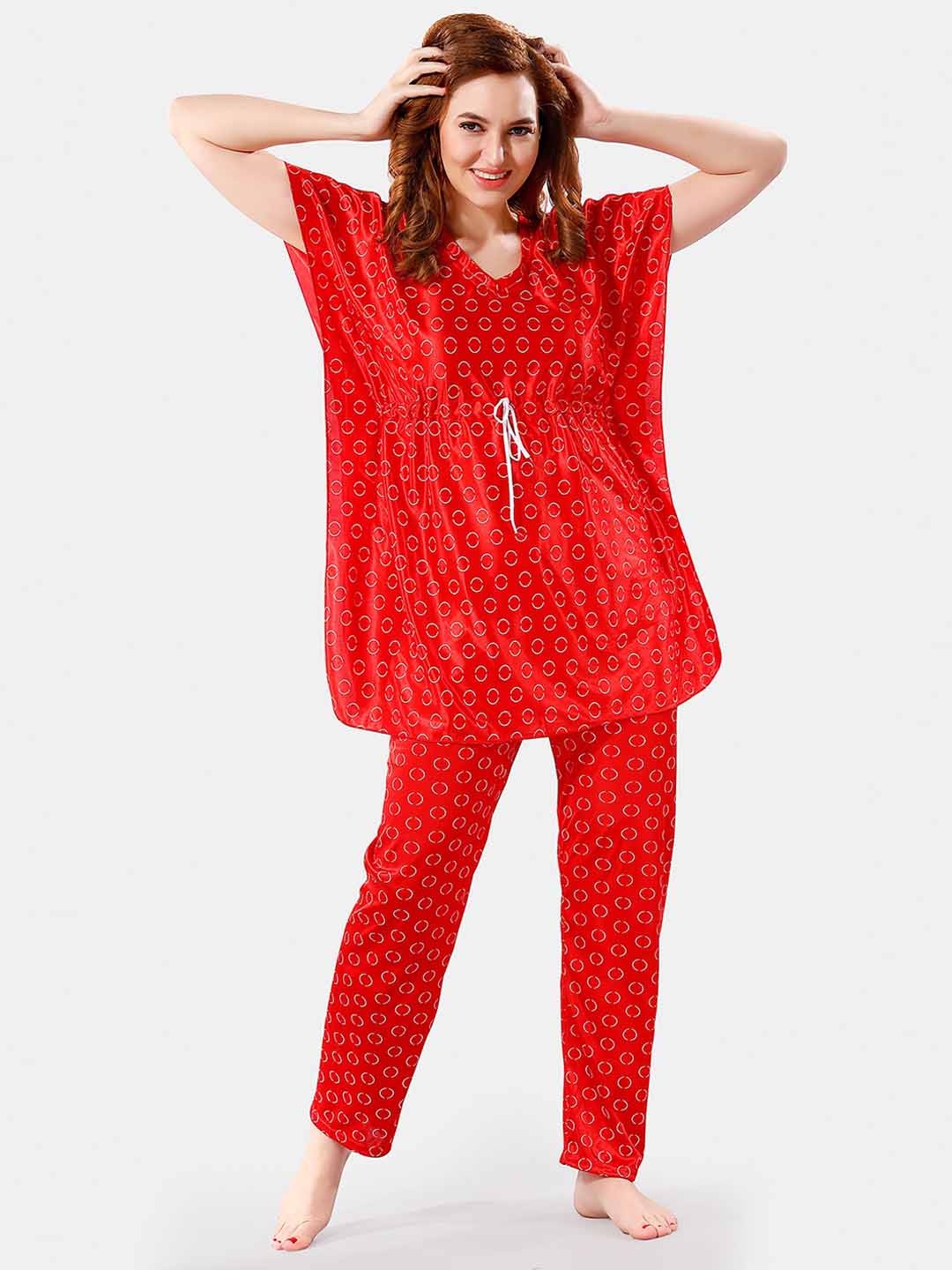 

Be You Geometric Printed Satin Night Suit, Red