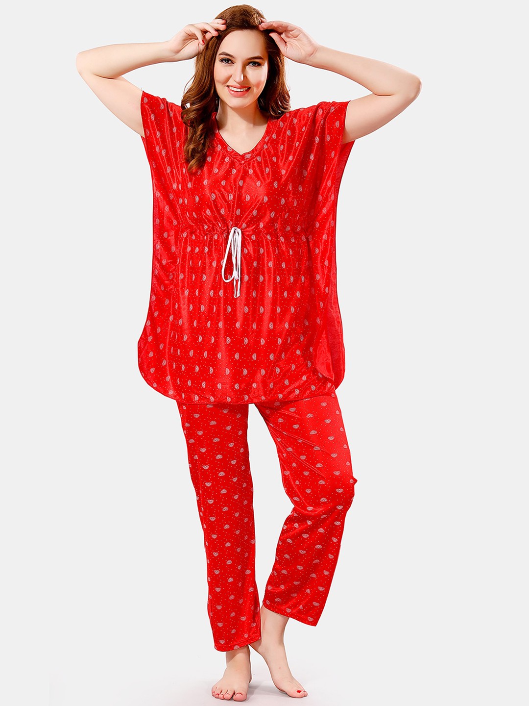 

Be You Conversational Printed Satin Night Suit, Red