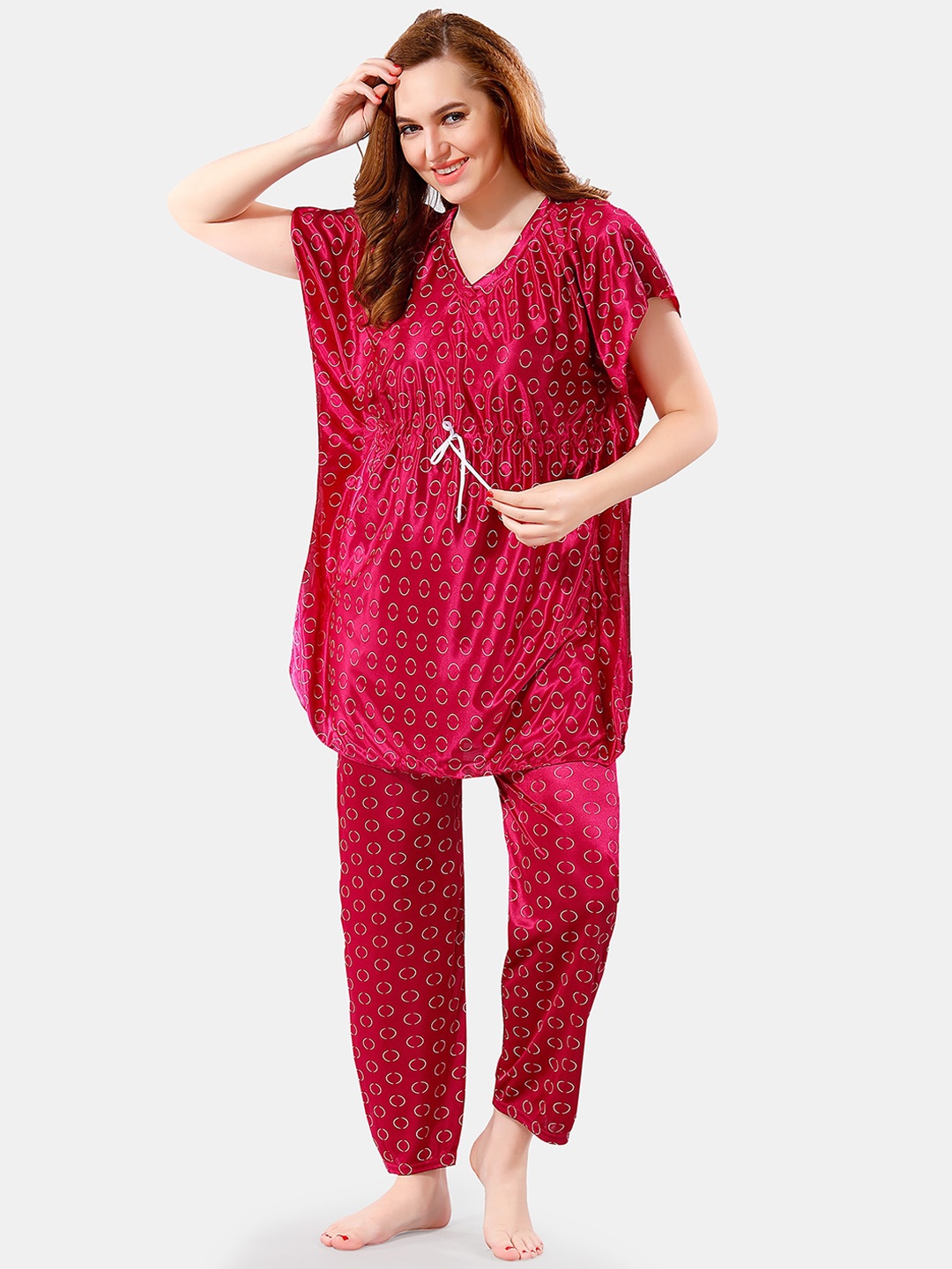 

Be You Geometric Printed V-Neck Satin Kaftan Night Suit, Pink