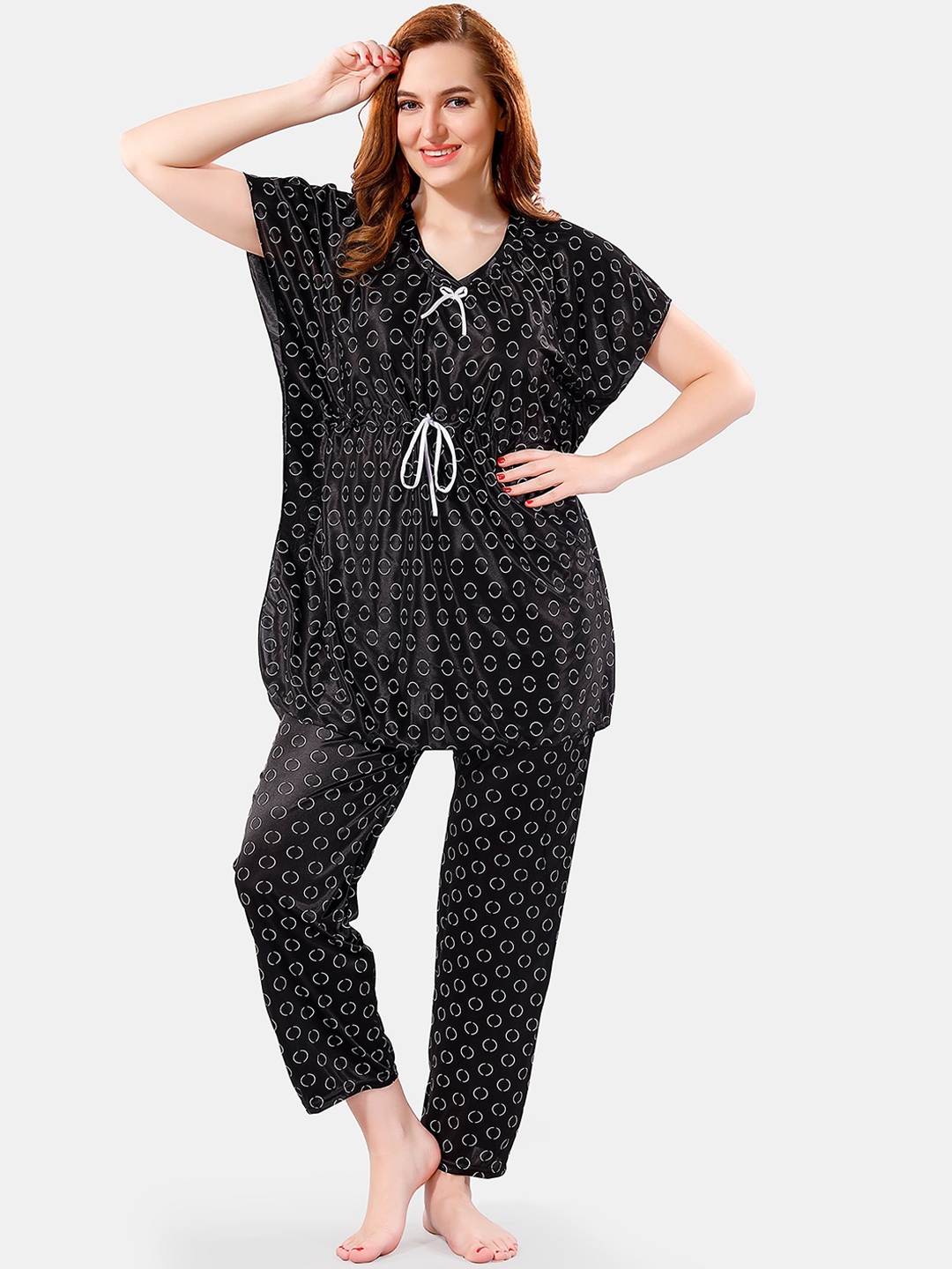 

Be You Geometric Printed Satin Night Suit, Black