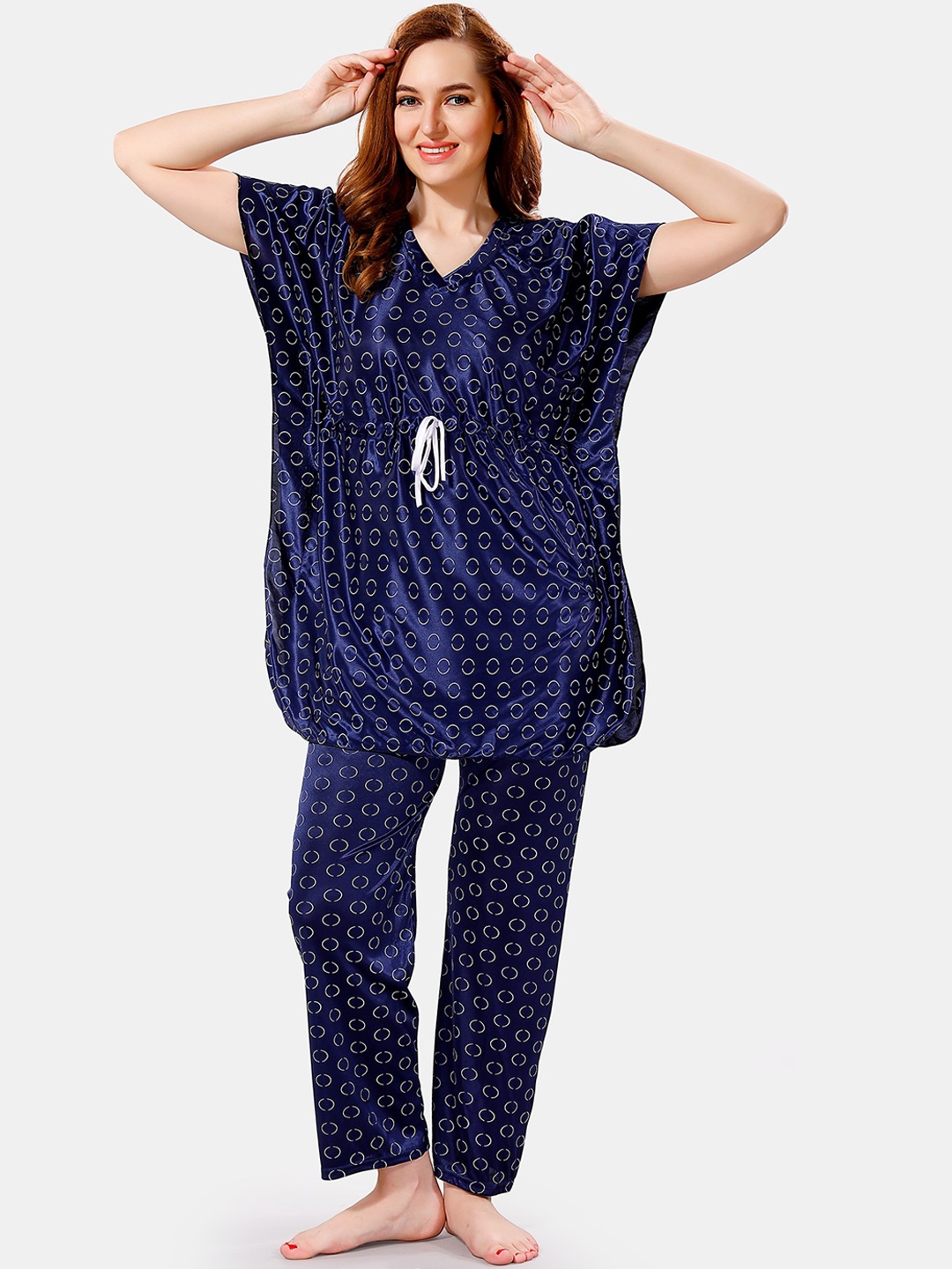 

Be You Geometric Printed Satin Night Suit, Navy blue