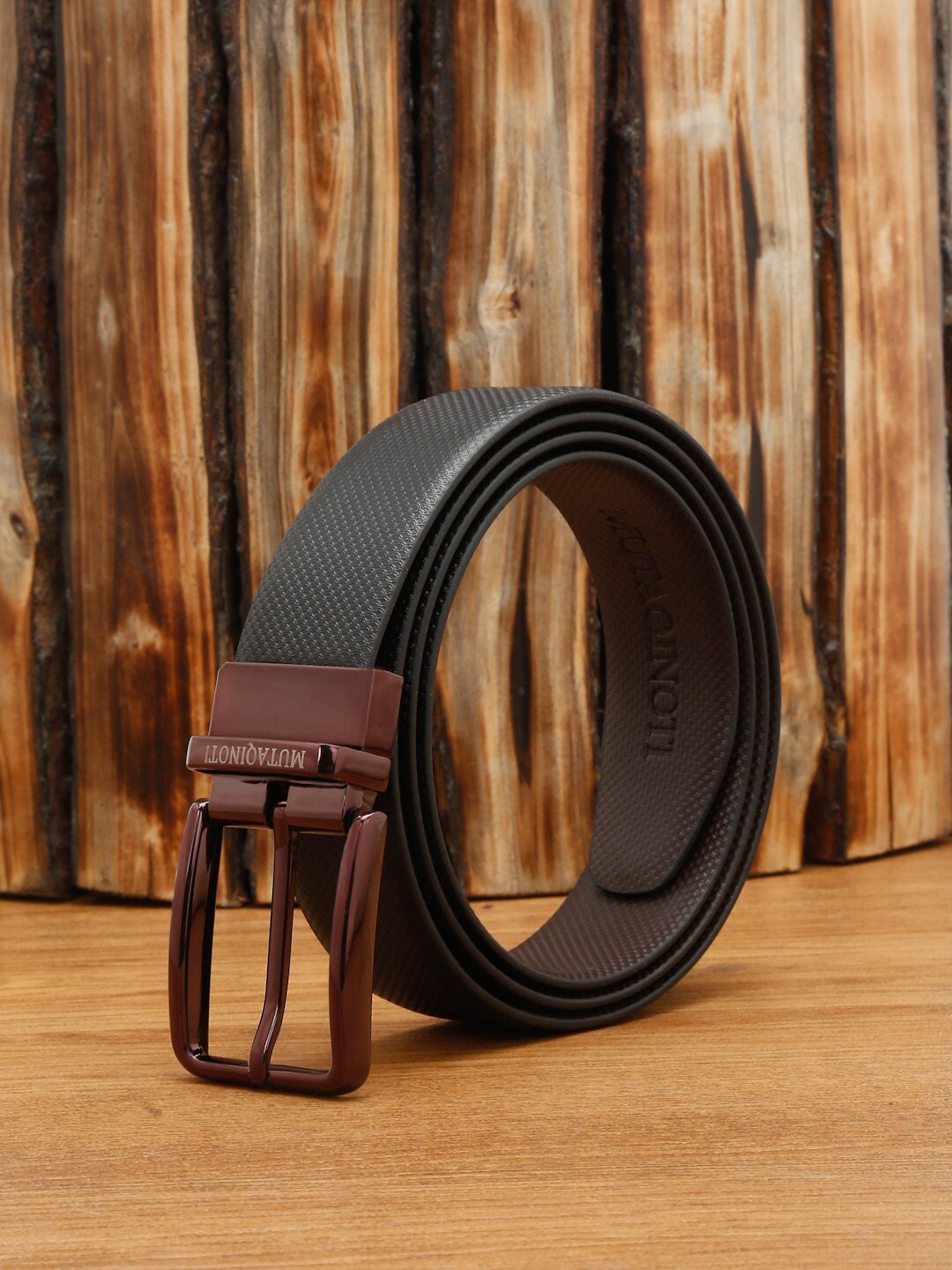 

MUTAQINOTI Men Textured Reversible Leather Formal Belt, Black