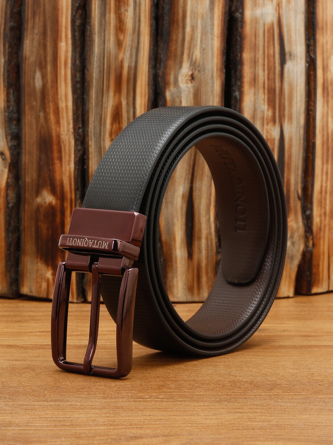 

MUTAQINOTI Men Textured Reversible Leather Formal Belt, Black