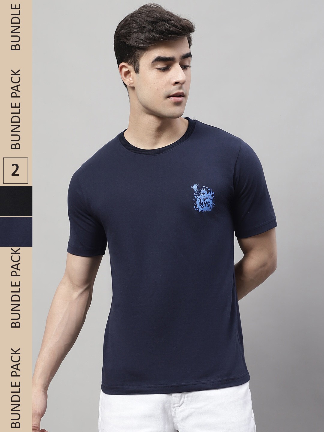 

Obaan Pack Of 2 Round Neck Graphic Printed Regular Fit Cotton T-shirt, Navy blue