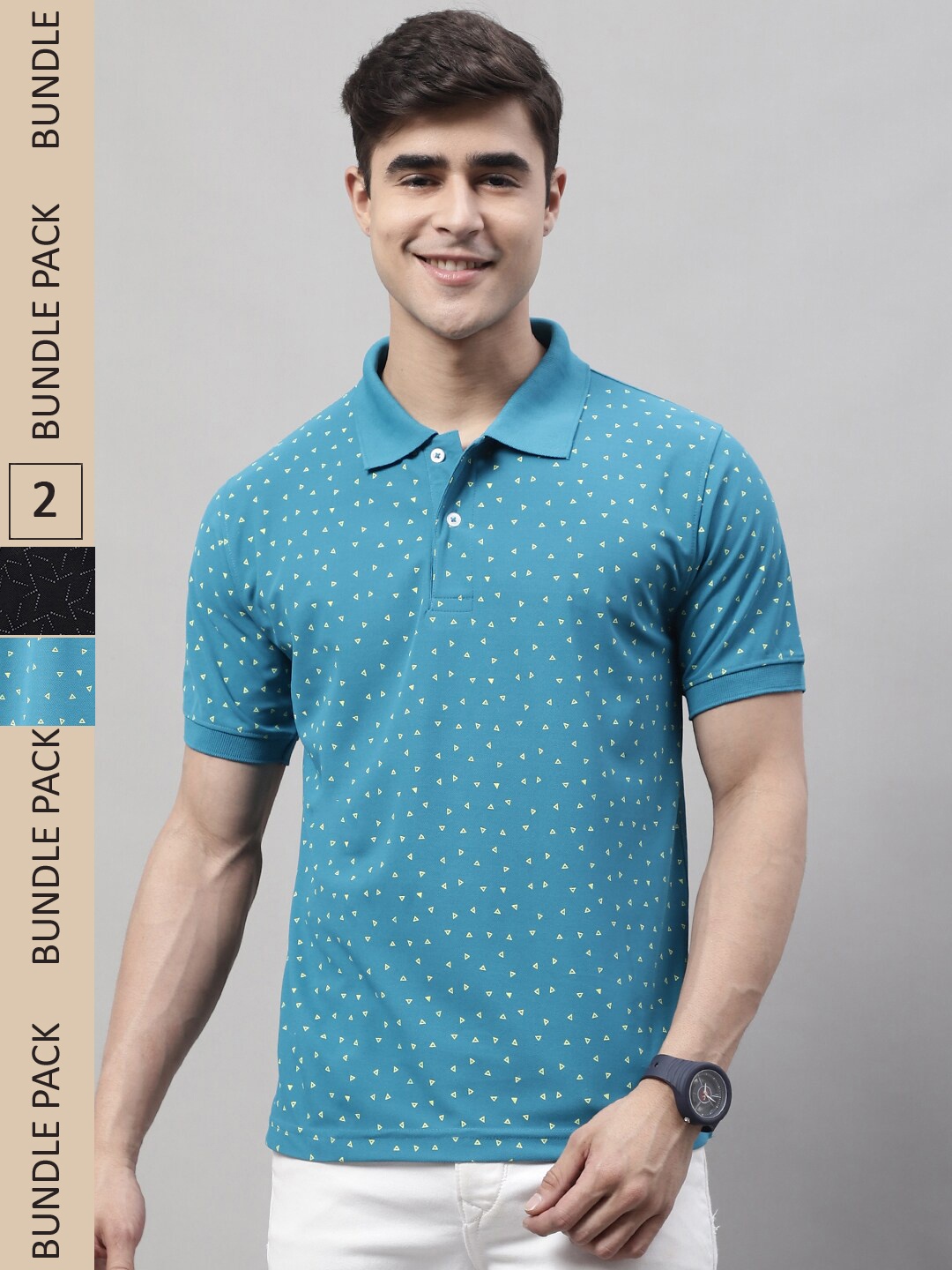 

Obaan Pack Of 2 Printed Polo Collar T-shirt, Black